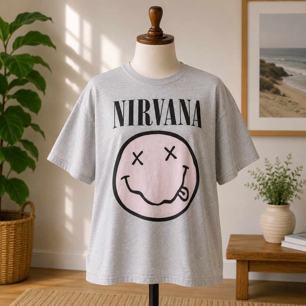 NWOT Nirvana Graphic T-Shirt Mens 1X Grey Mineral Wash Smiley Face Logo Tee